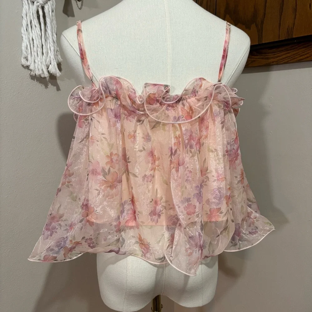 Pink Floral Chiffon Camisole Top Ruffle Tiered Spaghetti Strap Size Large - Picture 4 of 8